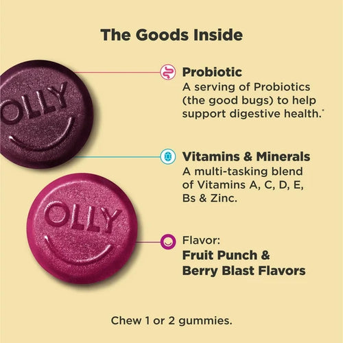 OLLY Kids Multivitamin + Probiotic Gummy, Daily Digestive Supplement, Zinc, Berry Flavor, 70 Count