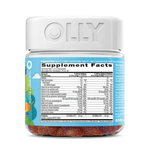OLLY Kids Multivitamin + Probiotic Gummy, Daily Digestive Supplement, Zinc, Berry Flavor, 70 Count