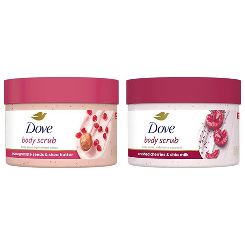 Dove Scrub Pomegranate & Shea Butter For Silky, Soft Skin Body Scrub Exfoliates & Exfoliating Body Polish Crushed Cherries & Chia Milk Skin Care for Revitalized Skin Formulated