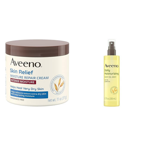 Aveeno Skin Relief Intense Moisture Repair Body Cream with Triple Oat & Shea Butter Formula & Daily Moisturizing Dry Body Oil Mist with Oat and Jojoba Oil for Dry, Rough Sensitive Skin