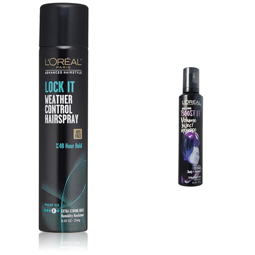 L'Oréal Paris Advanced Hairstyle LOCK IT Weather Control Hairspray, 8.25 oz. (Packaging May Vary) & L'Oreal Paris Hair Care Advanced Hairstyle Boost It Volume Inject Mousse, 8.3 Ounce
