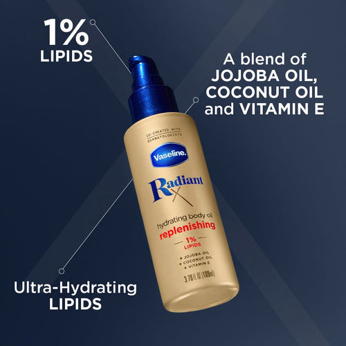Vaseline Radiant X Replenishing and Hydrating Body Oil with 1% Lipids, Jojoba Oil, Coconut Oil, & Vitamin E 3.7 oz