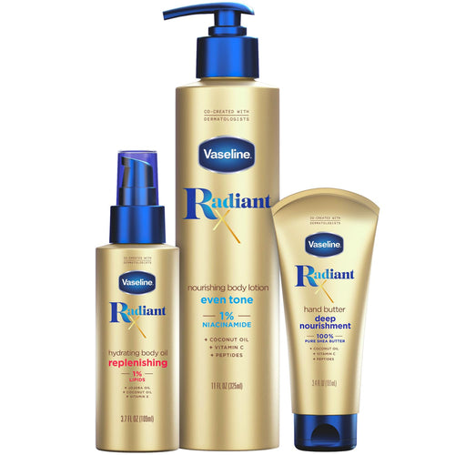 Vaseline Radiant X Skin Care Set - Even Tone Nourishing Body Lotion with 1% Niacinamide & Hydrating Body Oil with 1% Lipids + Deep Nourishment Hand Butter with 100% Pure Shea Butter (3 Piece Set)