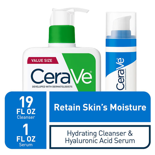 CeraVe Hydrating Face Wash and Hyaluronic Acid Serum with Vitamin B5 Set | 19oz Face Wash + 1oz Serum | Hydrating for Dry Skin | Fragrance Free