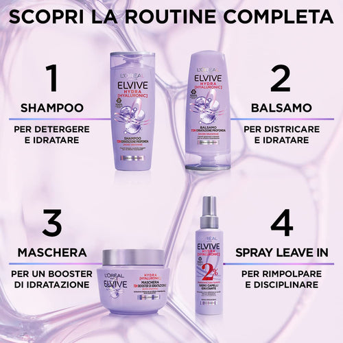 L'Oréal Paris Elvive Siero Spray per Capelli Hydra Hyaluronic con 2% di Hyaluronic Care System, Moisturizing Hair Serum 150 ml, 5.0 Fl Oz made in Italy [italian import]