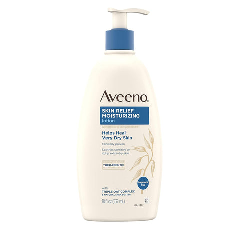 Aveeno Skin Relief 24-Hour Moisturizing Lotion for Sensitive Skin with Natural Shea Butter & Triple Oat Complex, Unscented Therapeutic Lotion for Extra Dry, Itchy Skin, 18 fl. oz (Pack of 2)