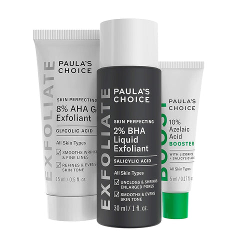 Paula's Choice 2% BHA Liquid & 8% AHA Gel Facial Exfoliants with Salicylic & Glycolic Acid, 10% Azelaic Acid for Large Pores, Wrinkles & Uneven Tone, Fragrance-Free & Paraben-Free, 3-Piece Travel Kit