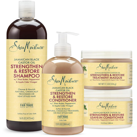 SheaMoisture Shampoo 16 Fl Oz, Conditioner 13 Fl Oz with Leave in Conditioner 11.5 Oz & Treatment Masque 12 Oz, Jamaican Black Castor Oil for Hair Growth, Strengthen & Restore, Curly Hair Products