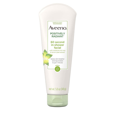 Aveeno Positively Radiant 60 Second In-Shower Facial Cleanser, Brightening Mask With Moisture-Rich Soy, Lemon Peel Extract, Glycolic Acid, and Kaolin Clay, 5 oz