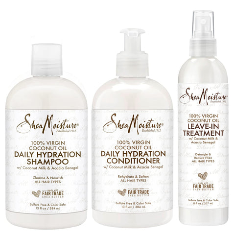 SheaMoisture Shampoo and Conditioner Set, 13 Fl Oz Ea with Leave In Treatment Spray 8 Fl Oz, Daily Hydration 100% Virgin Coconut Oil, Curly Hair Products Bundle, Shea Butter, Coconut Milk