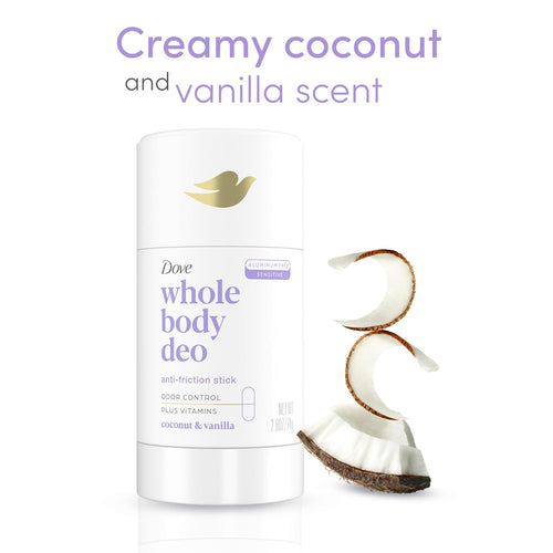 Dove Whole Body Deo Aluminum Free Anti-Friction Deodorant Stick Coconut + Vanilla for All Day Odor Control 2.6 oz