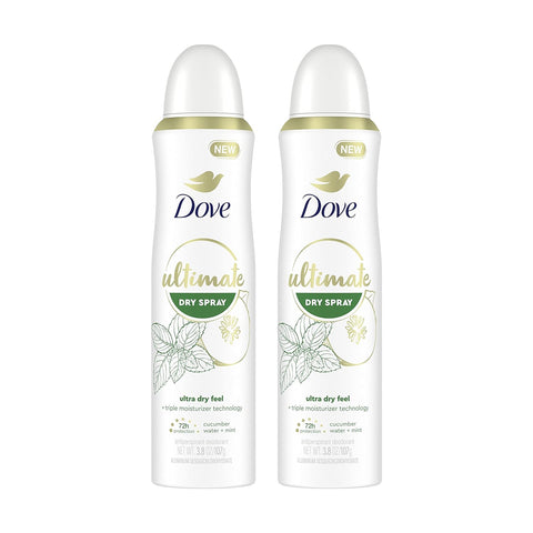 Dove Ultimate Dry Spray Antiperspirant Cucumber Water And Mint 2 Count For 72-Hour Sweat And Odor Protection With Triple Moisturizer Technology 3.8oz