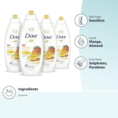 Dove Glowing Body Wash For Revitalized, Refreshed Skin Mango Butter and Almond Butter Cleanser That Effectively Washes Away Bacteria While Nourishing Your Skin 22 oz 4 Count