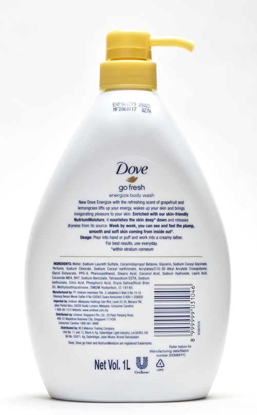 Dove Go Fresh Energize Body Wash, Grapefruit and Lemongrass Scent, 33.8 Ounce (1 Liter) International Version