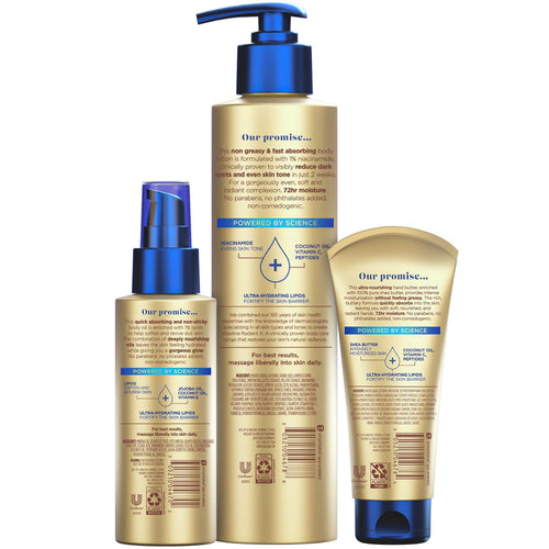 Vaseline Radiant X Skin Care Set - Even Tone Nourishing Body Lotion with 1% Niacinamide & Hydrating Body Oil with 1% Lipids + Deep Nourishment Hand Butter with 100% Pure Shea Butter (3 Piece Set)