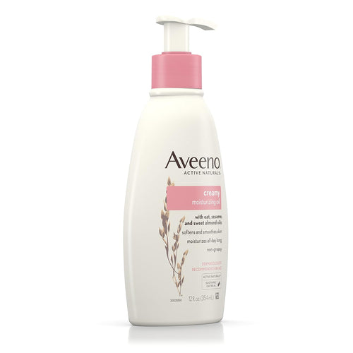 Aveeno Creamy Oil Daily Body Moisturizer, Non-Greasy & Lightly Scented Body Moisturizer with Oat & Almond Oil Nourishes Dry Skin with 24 Hours of Moisture, Non-Comedogenic, 12 fl. oz