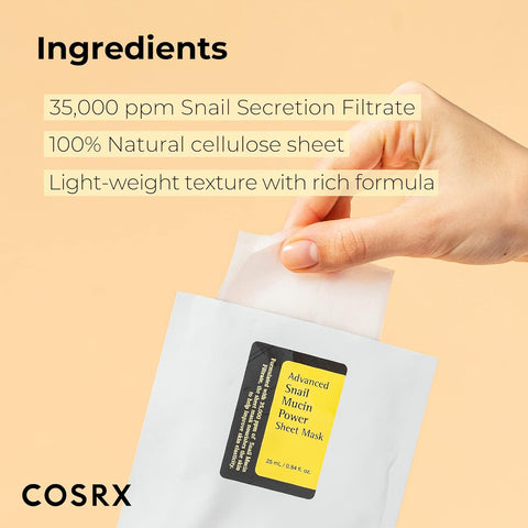 COSRX Snail Mucin Sheet Mask 10 EA, Snail Essence Leave-on Face Masks for Dry, Acne prone, Sensitive Skin, Snail Secretion Filtrate, Not Tested on Animals, No Parabens, No Sulfates, Korean Skincare