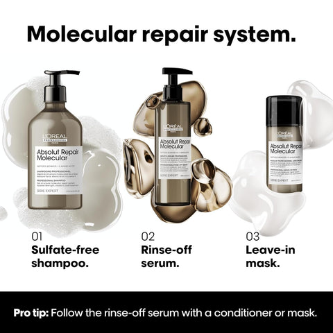 L'Oréal Professionnel Absolut Repair Molecular Shampoo & Serum Set | Peptide Bonder | For Extremely Dry Damaged Hair | Amino Acids | Strengthening Bonds | Sulfate-Free