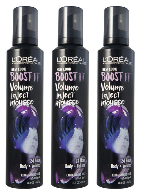 L'Oreal Advanced Hairstyle/Paris - Boost It Volume Inject Mousse - Extra Strong Hold - Net Wt. 8.3 OZ (235 g) Per Can - Pack of 3 Cans