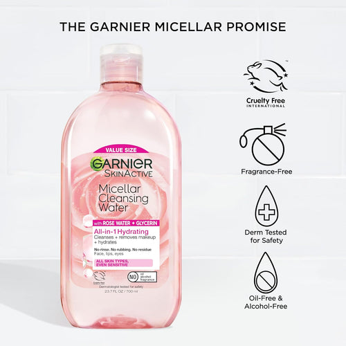 Garnier SkinActive Micellar Water with Rose Water, Hydrating Facial Cleanser and Makeup Remover, 23.7 Fl Oz