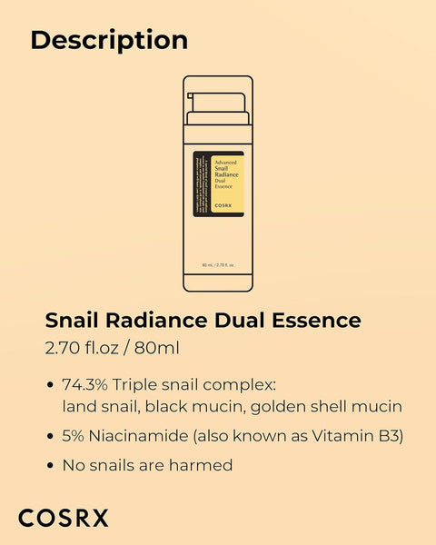 COSRX Niacinamide 5% + Snail Mucin 74% Dual Essence, Anti aging Face Serum for Dull Skin, Hydrating, Brightening, Repairing, 2.70 fl.oz / 80ml, Sensitive Skin, Not Tested on Animals, Korean Skincare