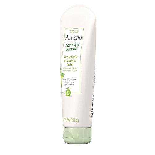 Aveeno Positively Radiant 60 Second In-Shower Facial Cleanser, Brightening Mask With Moisture-Rich Soy, Lemon Peel Extract, Glycolic Acid, and Kaolin Clay, 5 oz
