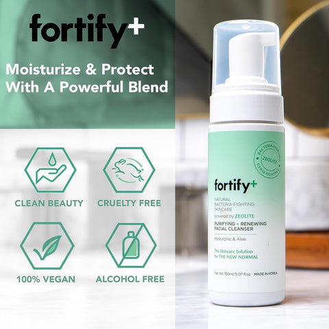 Fortify Hydrating Foaming Facial Cleanser with Hyaluronic Acid & Aloe - Purifying Face Wash - Vegan, Fragrance-Free, Alcohol-Free, Cruelty-Free for All Skin Types - Made in Korea - 150ML/5.07Fl.Oz.