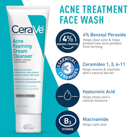CeraVe Acne Skin Care Set | 5oz Acne Foaming Cream Cleanser + 1oz Resurfacing Retinol Serum + 2oz AM Facial Moisturizing Lotion with SPF 30 + 2oz PM Facial Moisturizing Lotion | Skin Care Routine