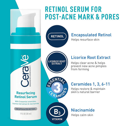 CeraVe Acne Skin Care Set | 5oz Acne Foaming Cream Cleanser + 1oz Resurfacing Retinol Serum + 2oz AM Facial Moisturizing Lotion with SPF 30 + 2oz PM Facial Moisturizing Lotion | Skin Care Routine