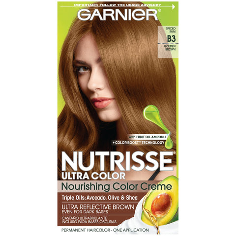 Garnier Hair Color Nutrisse Ultra Color Nourishing Creme, B3 Golden Brown (Spiced Rum) Permanent Hair Dye, 1 Count (Packaging May Vary)