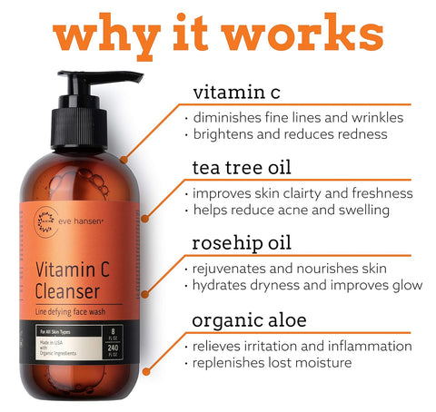 Vitamin C Cleanser Face Wash | HUGE 8 oz Anti Aging Facial for Dark Circles, Age Spots and Fine Lines | Natural Gel with Aloe Vera, Vitamin E & Rosehip