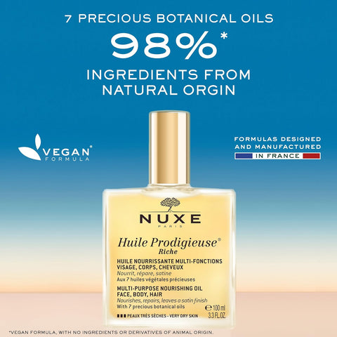 NUXE Huile Prodigieuse Riche Nourishing Oil. Organic All-in-One Oil for Body, Face & Hair. Luxurious, Non-Greasy Serum & Moisturizer for Scars and Stretchmark, 3.3 Fl.Oz