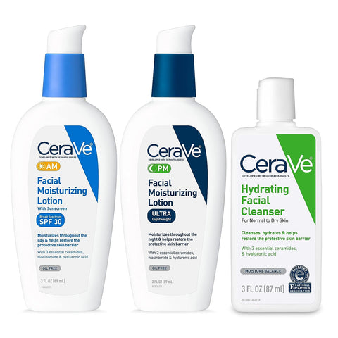 CeraVe AM Face Moisturizer with SPF, PM Face Moisturizer & Hydrating Face Wash Skin Care Routine for Morning & Night | Travel Size Toiletries | 3oz Lotion + 3oz Lotion + 3oz Cleanser