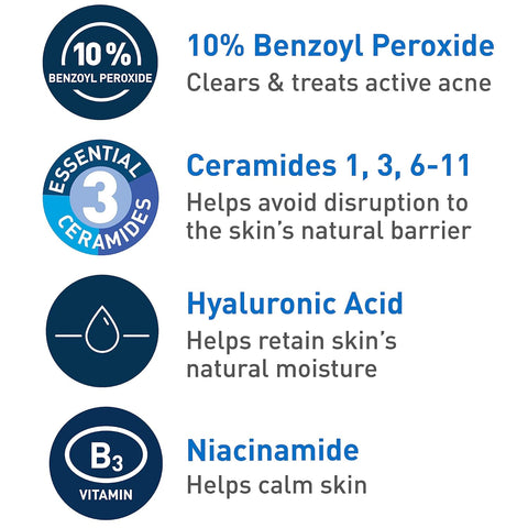 CeraVe Acne Foaming Cream Wash | Gentle Face and Body Acne Cleanser with Benzoyl Peroxide 10%, Hyaluronic Acid, and Niacinamide | Acne Treatment Clears Pimples, Blackheads, Chest and Back Acne | 5 Oz