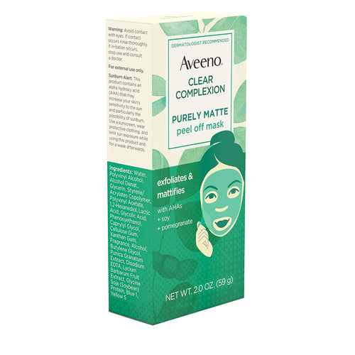Aveeno Clear Complexion Pure Matte Peel Off Face Mask with Alpha Hydroxy Acids, Soy & Pomegranate for Clearer-Looking Skin, Non-Comedogenic, Paraben- & Phthalate-Free, 2.0 oz (Pack of 2)