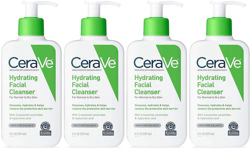 CeraVe Hydrating Facial Cleanser - For Dry To Normal Skin - Net Wt. 8 FL OZ (237 mL) Per Bottle - Pack of 4 Bottles