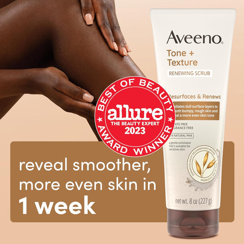 Aveeno Fragrance-Free Body Scrub for Smoother, More Even Skin Tone - Prebiotic Oat Formula for Sensitive Skin, Exfoliating and Renewing, 8 oz