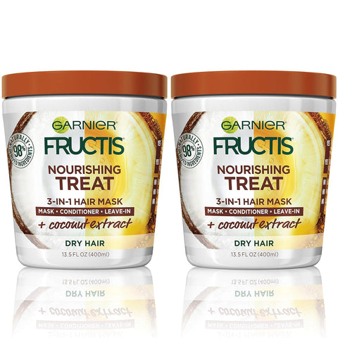 Garnier Fructis Nourishing Treat 3-in-1 Hair Mask (Mask + Conditioner + Leave-In) with Coconut for Dry Hair, 13.5 Fl Oz, 2 Count (Packaging May Vary)