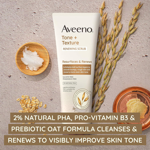 Aveeno Fragrance-Free Body Scrub for Smoother, More Even Skin Tone - Prebiotic Oat Formula for Sensitive Skin, Exfoliating and Renewing, 8 oz